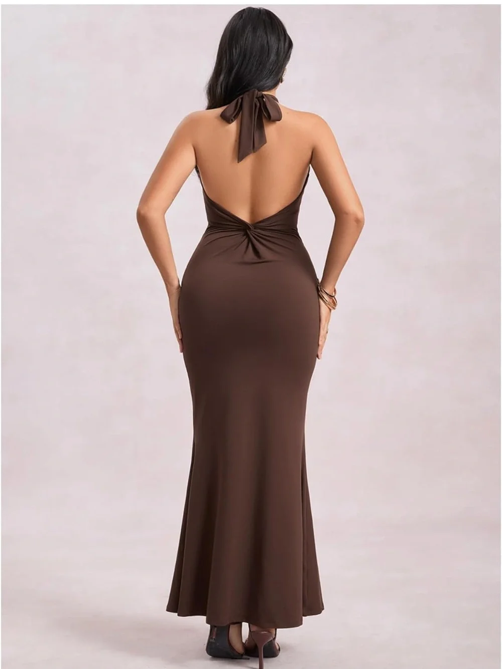 Sleek Brown Halter Maxi Dress - Picture 2 of 2